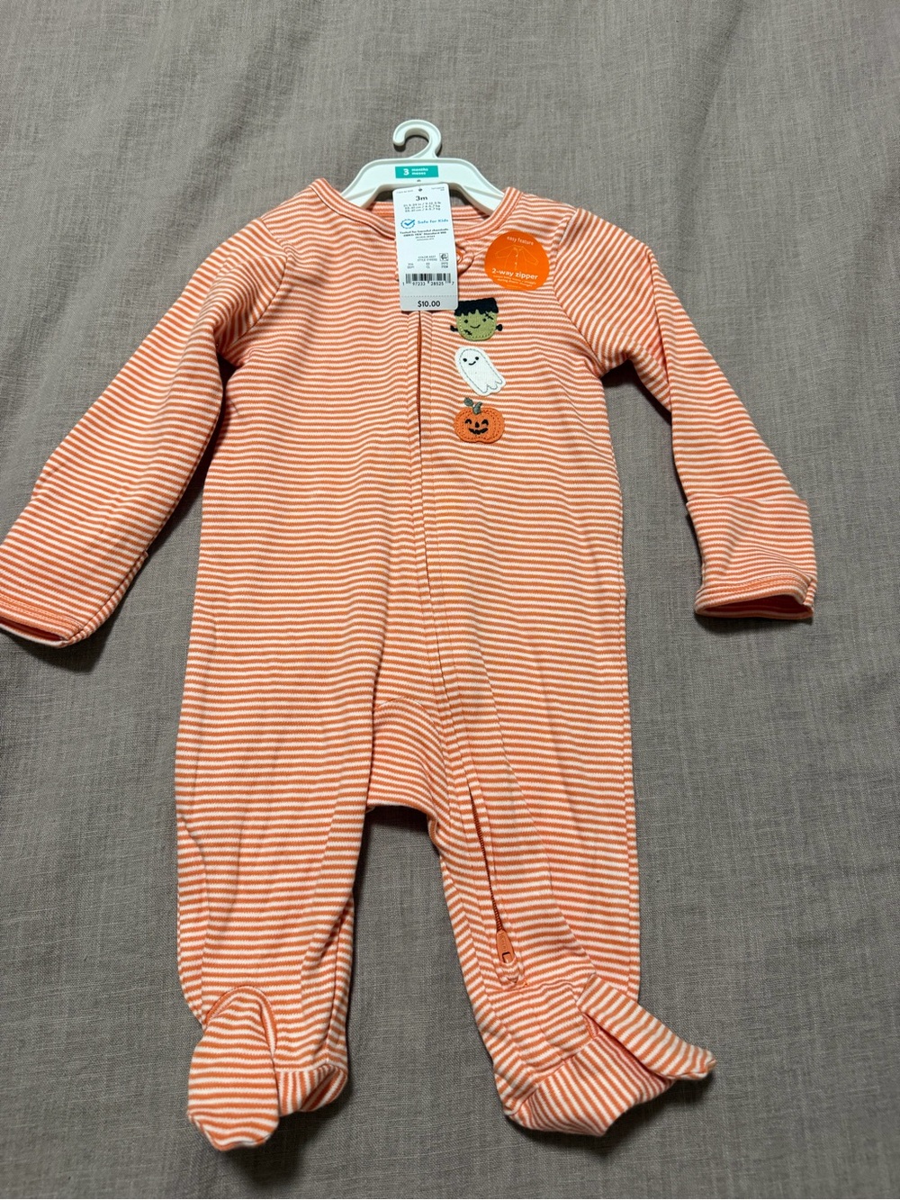 Orange Striped Baby Footed Sleepwear Halloween Appliqués Size 3 Month 2 Way Zip